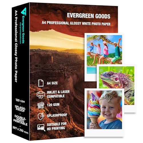 Inkjet & Laser Photo Paper A4 Glossy Splashproof 50 Sheets 120 GSM Double Sided Printable for Canon HP Epson Printer