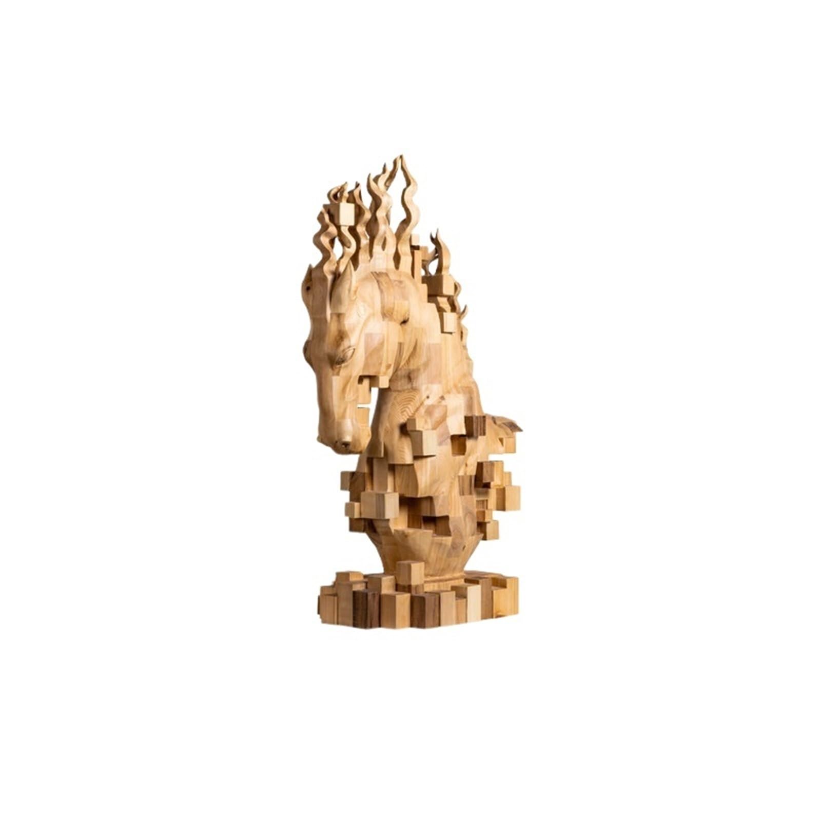 XPSHP25112 Cabinet Decorations Abstract Pixelated Horse Head Sculpture Wooden Carving Installation Art Piece