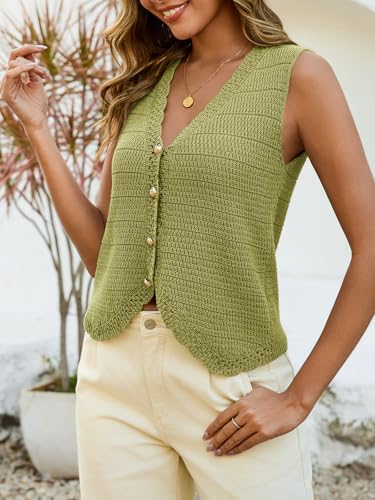 Image of Saodimallsu Womens Crochet Tank Tops Cute Summer Sweater Vest Knit Outfits | Trendy Casual,Sleeveless,V Neck,Cropped,Button Down,Boho,Going Out,Casual Daily Wear, Beach Vacation
