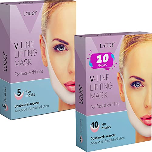 V Shaped Slimming Face Mask Double Chin Reducer V Line Lifting Mask Neck Lift Tape Face Slimmer Patch Chin Strap For Women Jawline Sculptor For Firming and Tightening Skin 5 and 10 Masks Bundle