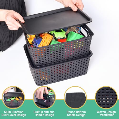 Image of Plastic Storage Baskets with Lid-Plastic Storage Containers Stackable Storage bins: Storage Baskets for Organizing Shelves Drawers Desktop Closet Playroom Classroom Office, 8Pack-Black10.2x7.2x4.1Inch