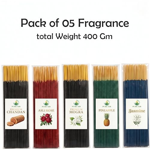 Image of PURE AIR Premium Organic Agarbatti Combo Pack of 5 Chandan,Asli Mogra,Pineapple,Jasmine (400 g, Set of 5)
