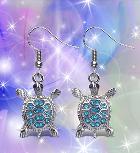 Aqua79 Blue Sea Turtle Silver Sparkling Earrings - Cute Silver Dangle Earrings With Zinc Alloy Dangling Charm Sparkly Pendant, Elegant Ocean Life Animal Silver Earrings Gift #TOP4