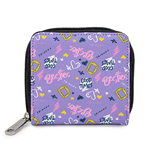 Buckle Down Friends Wallet, Square Zip Around, Icons and Quotes Collage, Lavender, Vegan Leather