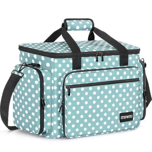 Image of Sewing Machine Carrying Case with Multiple Storage Pockets Large Capacity, Universal Tote Storage Bag Compatible with Most Standard Singer, Brother, Janome, Navy Blue Dots