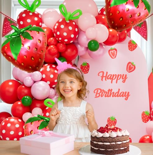 Image of Strawberry Balloon Arch Kit - 137pcs Red Pink and Light Pink Balloons with Strawberry Foil Balloons for Berry First Birthday Decor Sweet Girl Baby Shower Strawberry Shortcake Themed Party Decorations