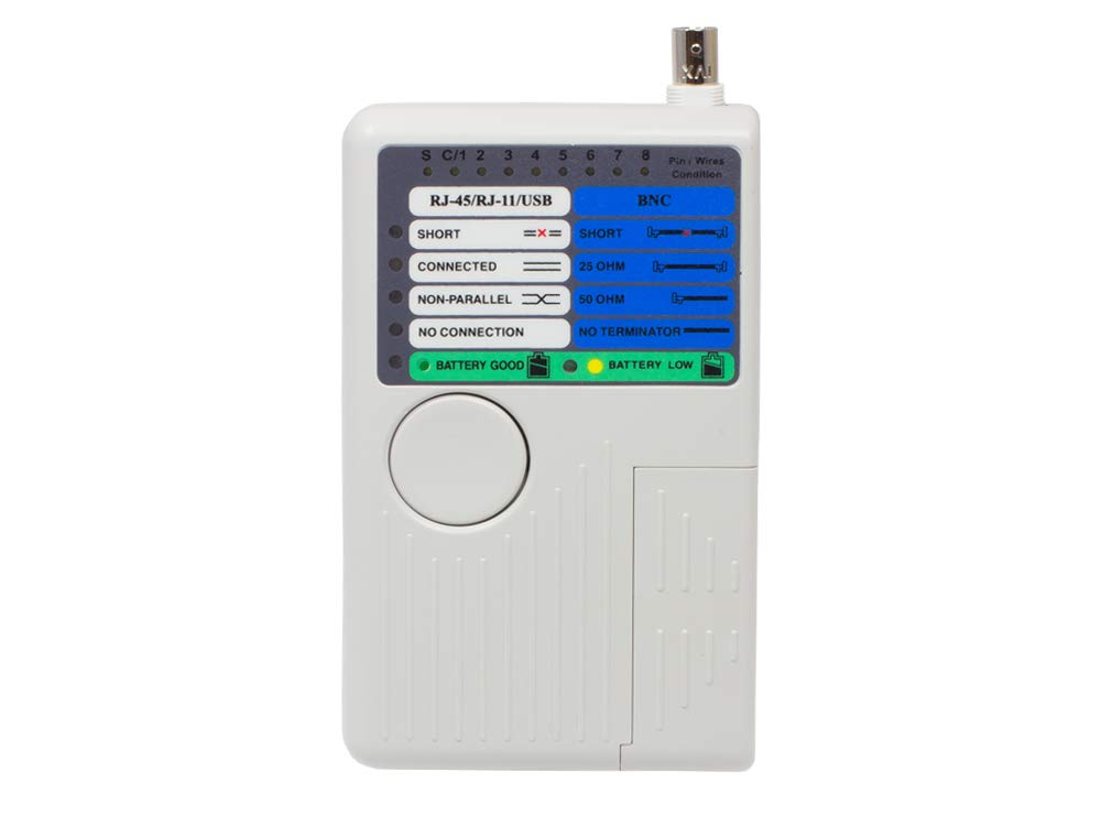 Good Connections Tester kabli sieciowych z jednostką zdalną – do RJ45, RJ11, UTP/STP/BNC/USB – sprawdza przebieg, zwarcie, wymianę żył i uszkodzenie kabla, szary