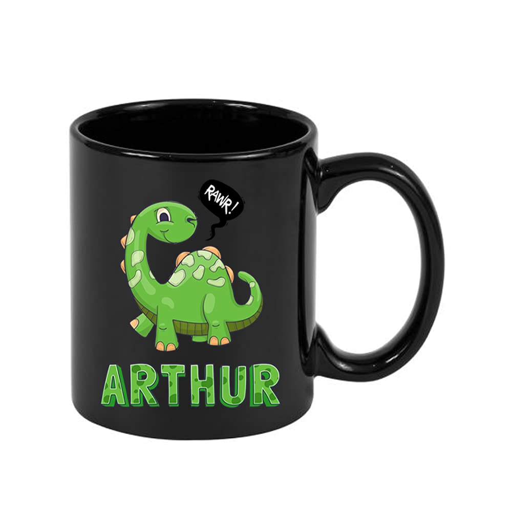 Getagift Personalised with Any Name Dinosaur Rawr, Gift for Boy/Girl, Kids, Children, Birthday, Back to School Present Novelty Mug, Unique Ceramic Full Coloured Frosted Mug. (Black)