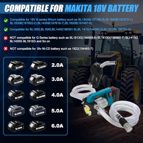 Dieselpumpe Akku 45L/Min, Kabellose Elektrische Dieselpumpe Kompatibel mit Makita 18V Akku, 260w Elektrische Kraftstoffpumpe Set, Tragbare Heizölpumpe, 2x 2 m Schlauch für Diesel Kerosin