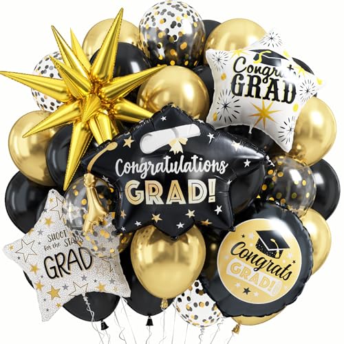 Image of Graduation Decorations Balloons for Class of 2026 Black Gold Confetti Latex Balloons 32pcs Helium Round Congrats Grad Explosion Star Foil Balloon Grad Hat Balloon College High School Grad Party Decor
