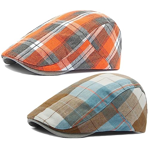 2 Pack Men's Newsboy Hats Flat Cap Adjustable Plaid Ivy Gatsby Cabbie Driving Golf Hat Beret (2 Pcs Set D)