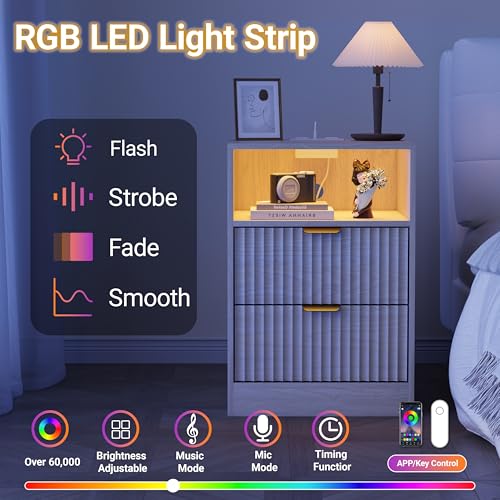 Image of Wodeer Fluted Nightstand Set of 2, LED Nightstand with Charging Station, Wood Nightstands with 2 Drawers & Metal Handles, Modern Bedside Table & End Tables, Farmhouse Night Stands for Bedroom, Natural