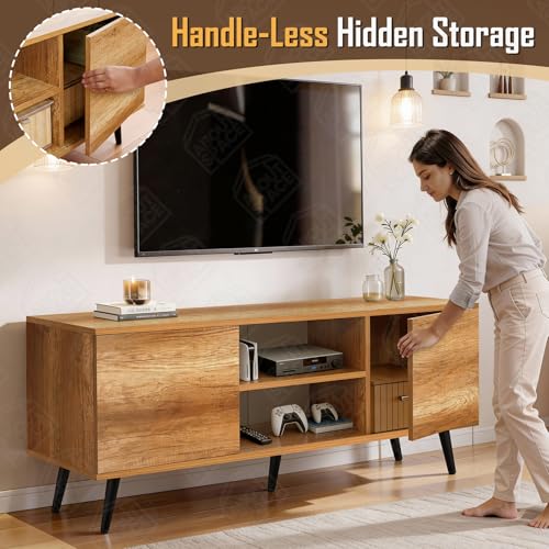 Image of ABOUT SPACE TV Unit - Engineered Wooden TV Stand Table with Bottom Open Storage, Adjustable Shelves & 2 Closed Cabinets for Set Top Box WiFi Router Stand (CM Oak - L 136 x B 40.5 x H 53 cm)