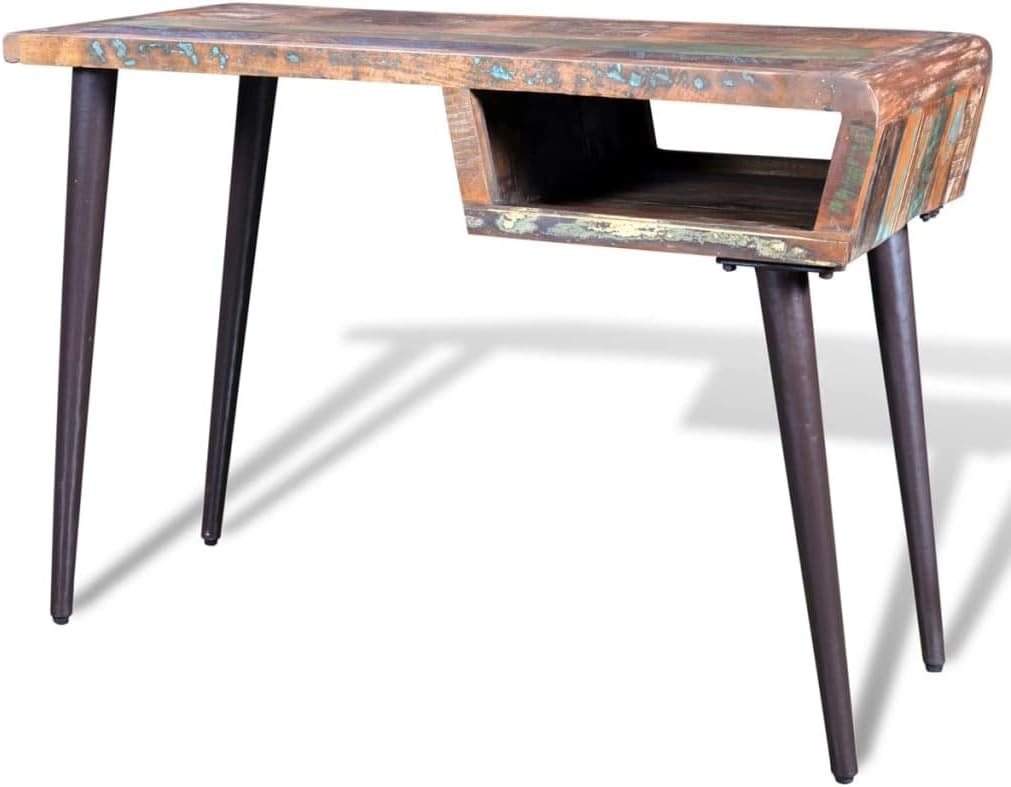 vidaXL Desk, Computer Desk with Compartment, Home Office Desk with Iron Legs, Writing Table Workstation, Farmhouse Retro, Solid Wood Reclaimed