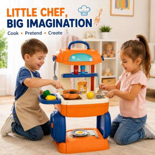 Image of 31-Piece Pretend Play Kitchen Set for Kids, Portable Toy Cooking Set with Stove, Sink, Storage, Cookware, Play Food & Utensils, Gift for Girls & Boys Ages 3+