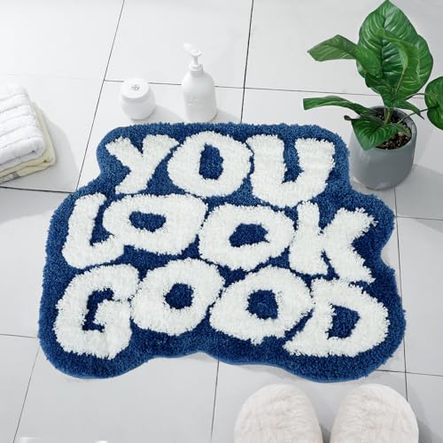 Image of TOIVO You Look Good Bath Mat - Stylish Funny Pink Bathroom Rug with Cute Words, Absorbent & Non-Slip - 25x21 inch (Blue)