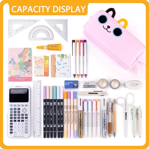 Image of CICIMELON Cartoon Pencil Case, Large Capacity Pen Pouch with Embroidered Animal Design, School Supplies Bag for Kids, Teens, Students (Pink Kitty)