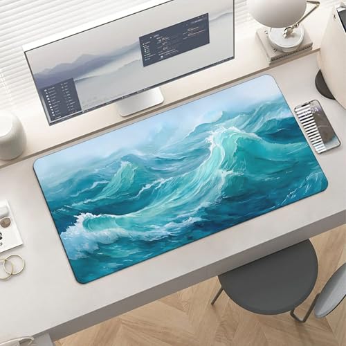 Image of Blue Beach Ocean Extended Gaming Mouse Pad, with Stitched Edges Large Mouse Pad Desk Protector, Rubber Base Mousepad Keyboard Mouses Mat for Work Game Office Home- 32 inch X 16 inch Inch