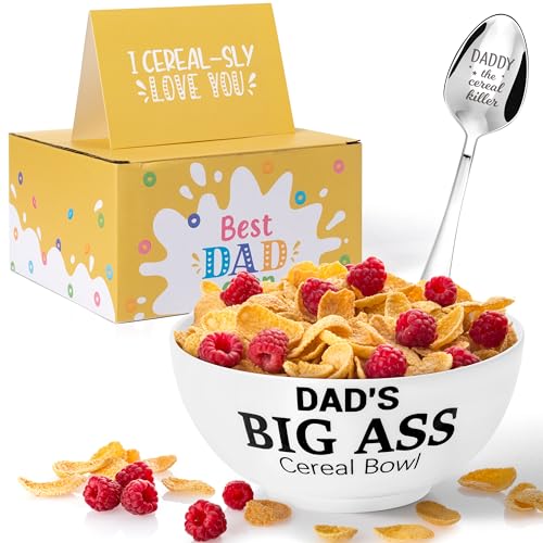 R HORSE Funny Cereal Bowl Gift Set - 44Oz Oversized Dad Themed Cereal Bowl and Engraved Spoon Card Set, Oatmeal Bowl Cereal Fruit Tableware Kit for Dad Father Grandpa Men Christmas Birthday Gifts