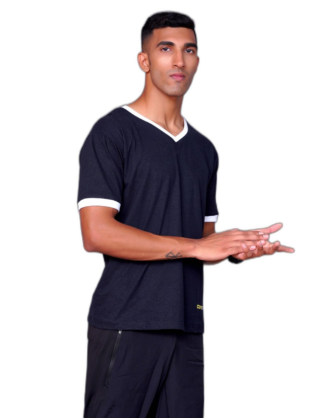 Core NatureMen's V-Neck Obsidian Hemp Half Sleeve T Shirt for Sports | Regular Fit, Gym & Running, Stretchable Fit, Quick Dry | Black Trendy Front & Back Printed Round Neck T-Shirt for Men