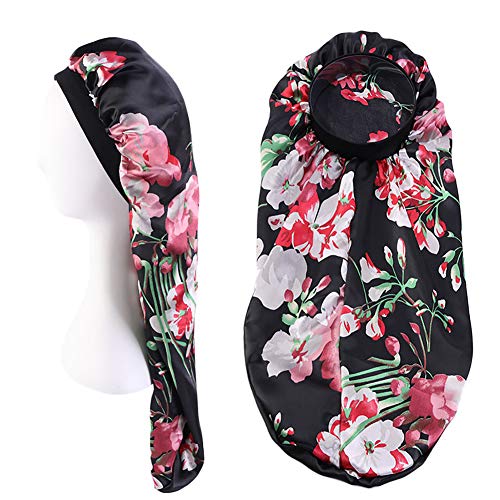 Extra Long Satin Bonnet Sleep Cap Long Bonnet for Braids Hair Loose Cap (Black Begonia Flowers)