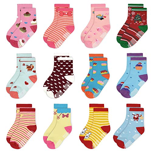 Image of Tphon 12 Pairs Toddler Non Skid Socks with Grips Anti Slip Bottom, Cotton Non Slip Ankle Crew Socks for Boys, Girls, Kids(1-7Years)