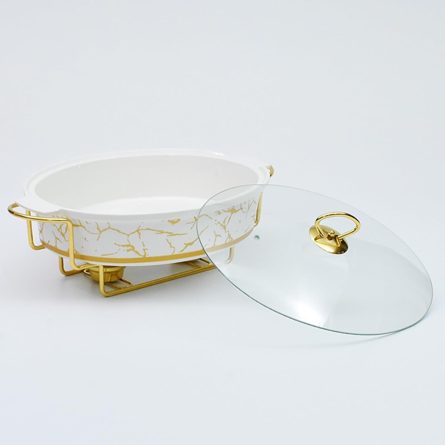 Elegante Juego De Calentadores De Cerámica, con Acabado De Mármol, Tapas De Vidrio Y Detalles Dorados, Vajilla Duradera para Fiestas Y Eventos Gastronómicos. 2L