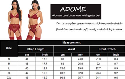 ADOME Women Lace Lingerie Set with Garter Belts Strap Babydoll V Neck Bodysuit Dark Red S - Thumbnail 6