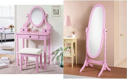 Roundhill Furniture Moniys Moniya - Juego de mesa y taburete de maquillaje de madera rosa, estilo Queen Anna, espejo Cheval, rosa