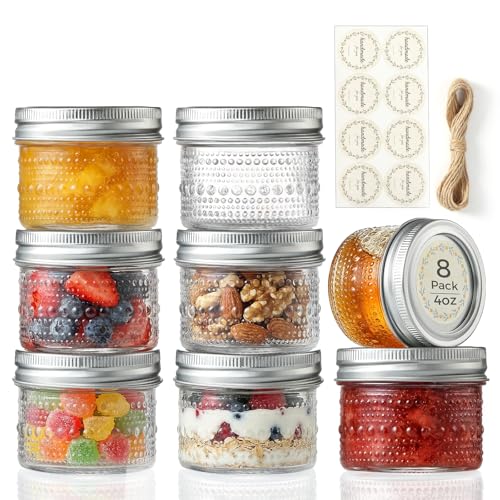 8 Pack Small Glass Jars with Lids - 4oz Vintage Embossed Mini Mason Jars Regular Mouth Mason Canning Jar with Seal Bands for Jam Honey Jelly Dessert Spice Wedding Favors DIY Candles Decor