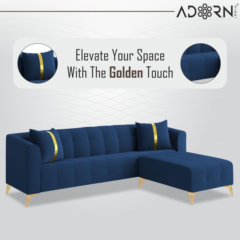 Image of Adorn India Premium Mystic - 3 Years Warranty - L Shape 5 Seater Sofa Set Velvet Suede Fabric - Blue