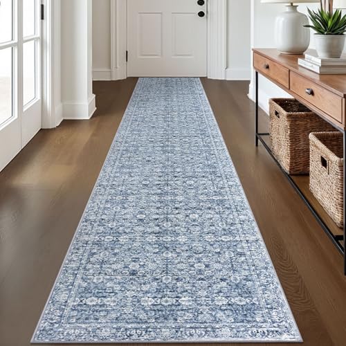 2x12 Blue Washable Runner Rug for Kitchen, Soft Classic Runner with Non-Slip, Non-Shedding Distressed Floral Rug for Hallways Entryway Bedroom Bathroom Laundry Indoor