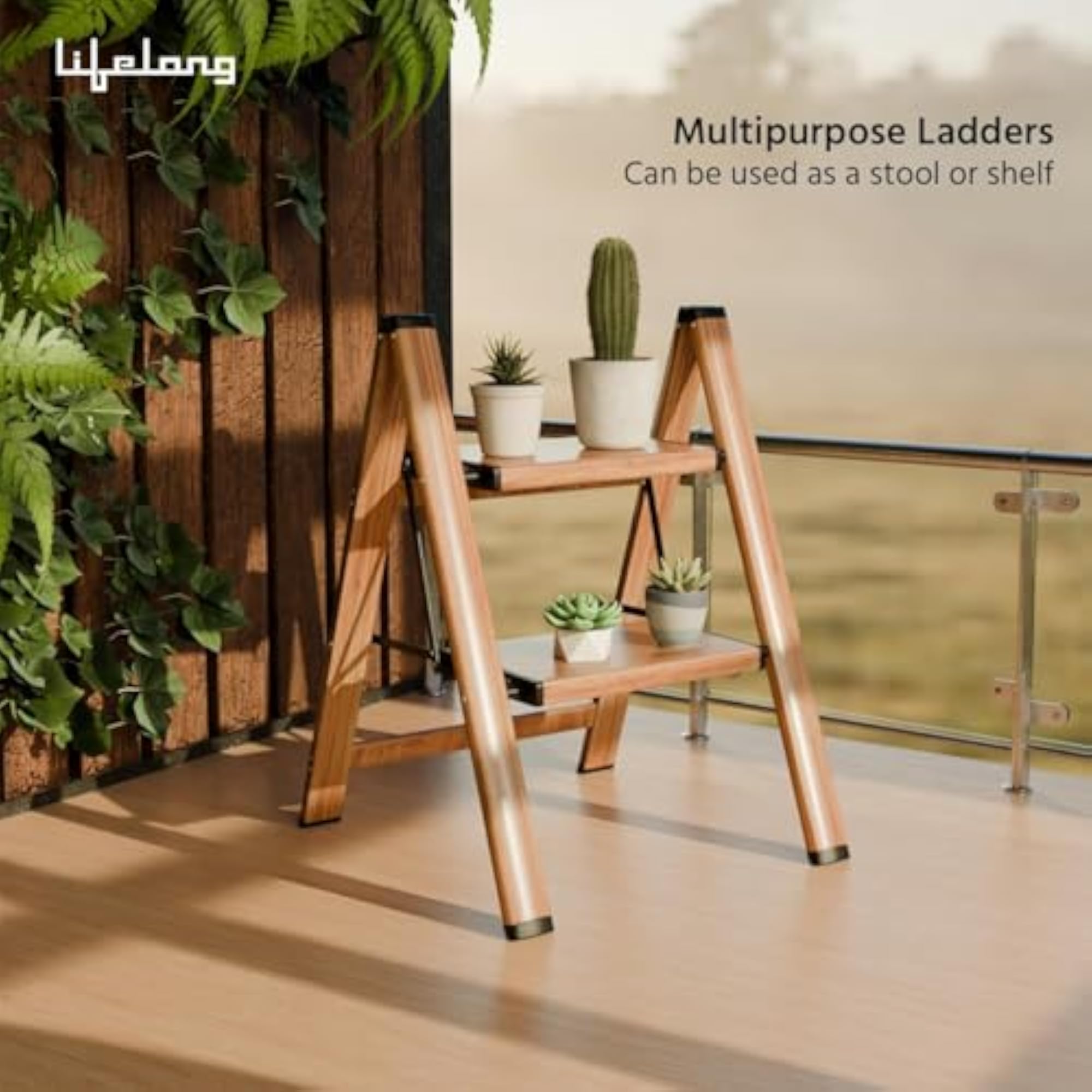 2 Steps Ladder for Home, Wooden Finish Coating