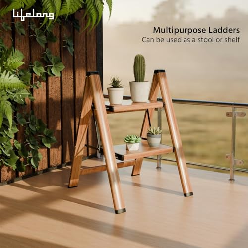 Image of Lifelong 2 Steps Ladder for Home, Wooden Finish Coating, Foldable & Portable Stairs, Versatile Use for Kitchen, Bathroom & Office Foot Stool -Multipurpose Two Step Stool with 150 Kg Capacity (LLSLW02)