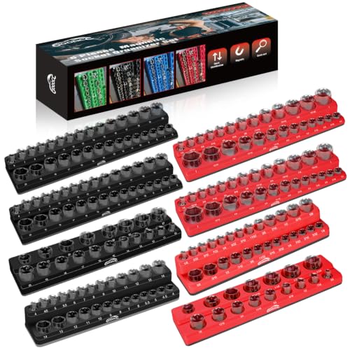 Image of GOOACC 8 PCS Magnetic Socket Organizer, Heavy Duty Socket Organizer Tray 1 /4 inch 3 /8 inch 1 /2 inch SAE Metric Drive Sockets Holds 199, Magnetic Socket Holder for Tool Box Drawer Chest Garage Storage, Black&Red