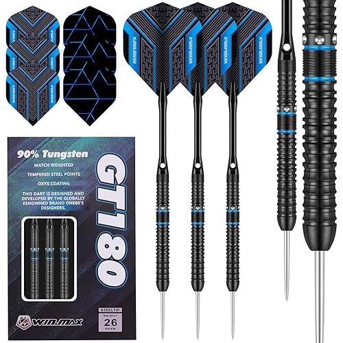 WIN.MAX Dartpfeile mit Metallspitze 90% Tungsten 3 Stück 90% Wolfram Stahl Darts 26 Gramm Dart professionelle Stahlpfeile mit Metallspitzen Schwarz