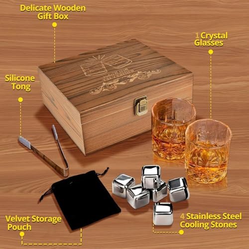 Image of Whiskey Stones and Whiskey Glass Gift Boxed Set, 4 Chilling Whisky Stones,1 Glasses in Wooden Box, Great Gift for Father's Day, Dad's Birthday or Anytime for Dad