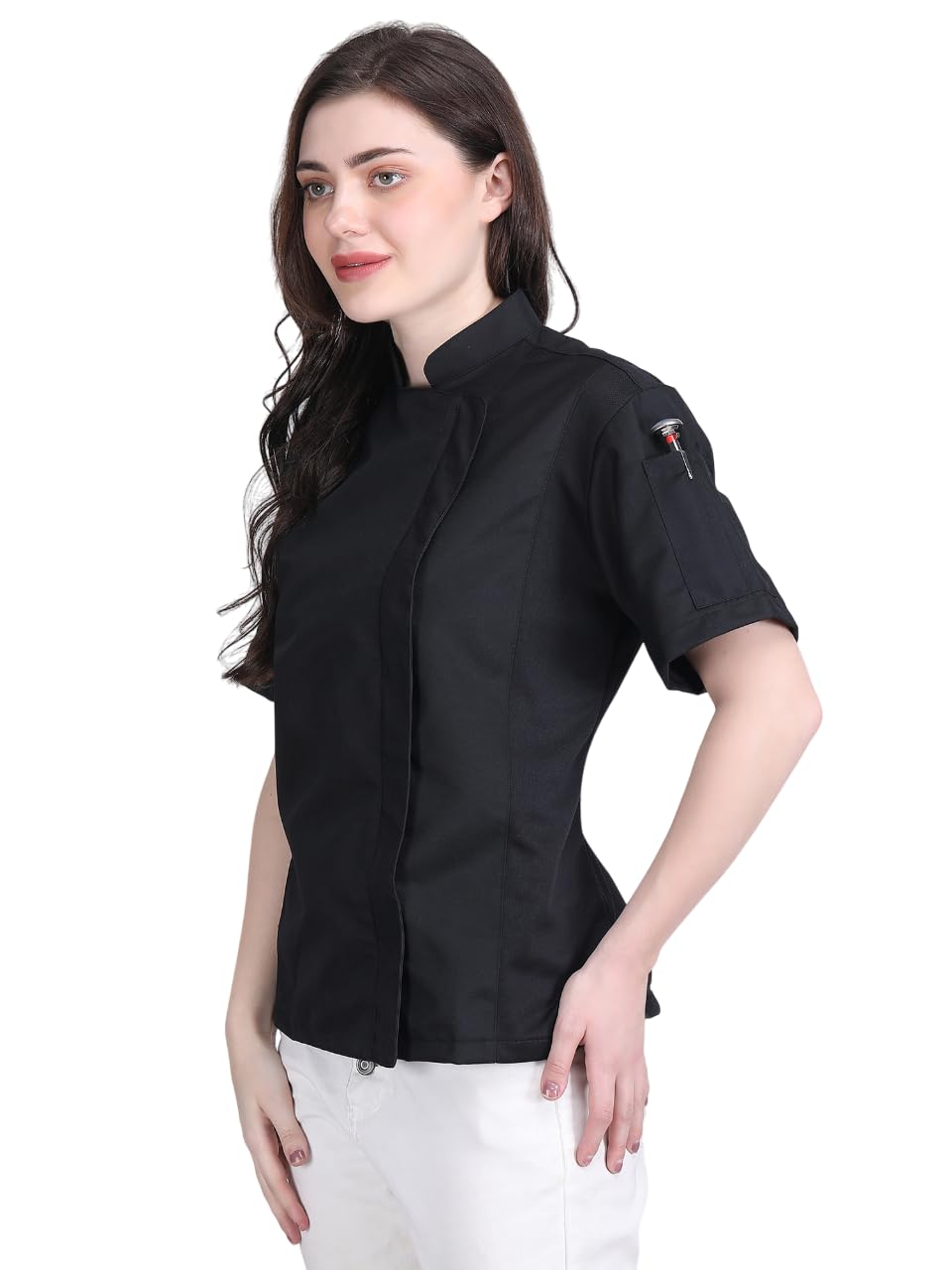 Short Sleeves Zipper Chef Coat Jacket Uniform for women with Side Mesh ideal for Caterers and Culinary professional (Black, Medium)
