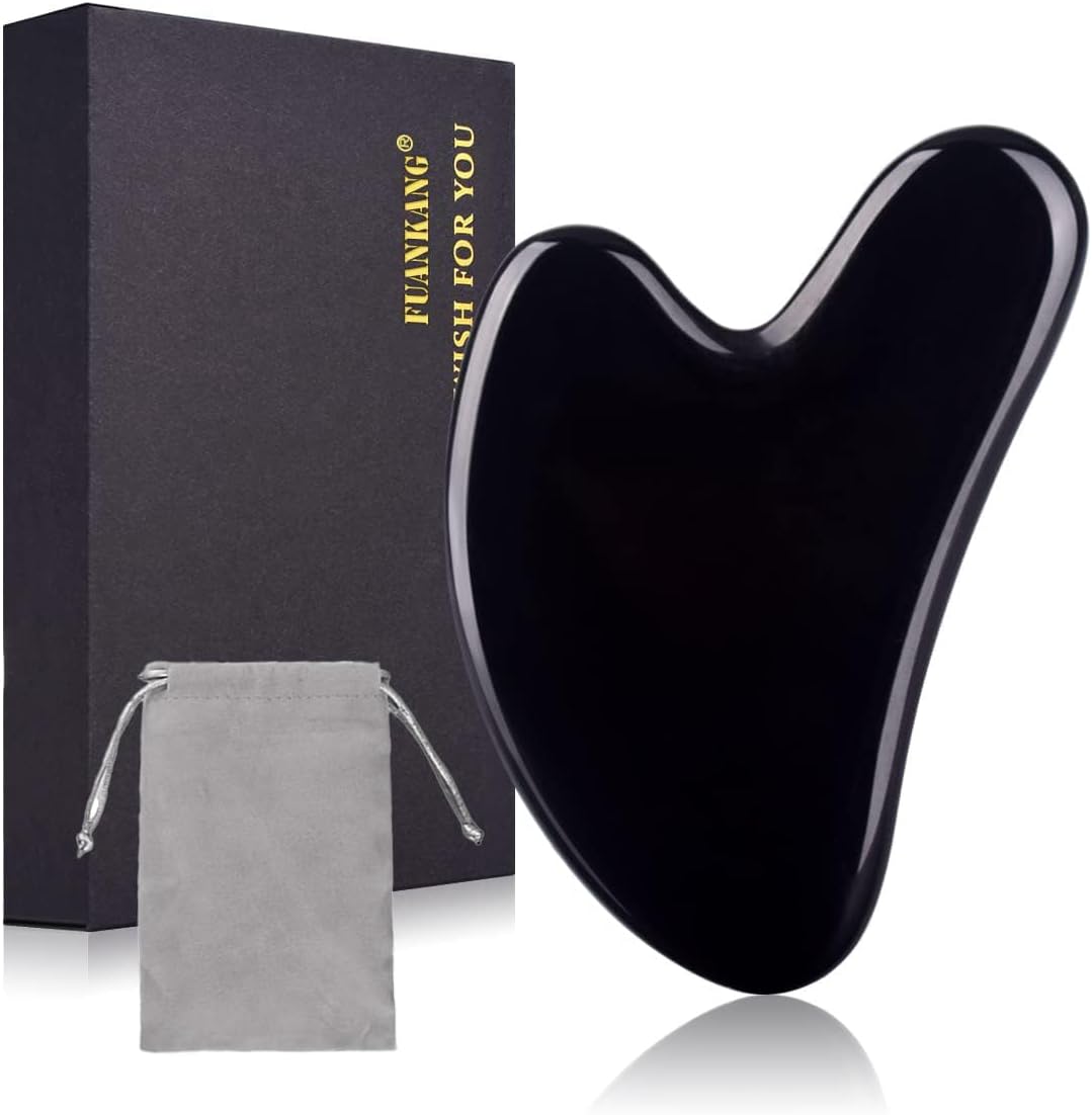 Gua Sha Facial Tools Black Obsidian Guasha Stone for Skincare Face Body Relieve Muscle Tensions Reduce Puffiness - by (Black)