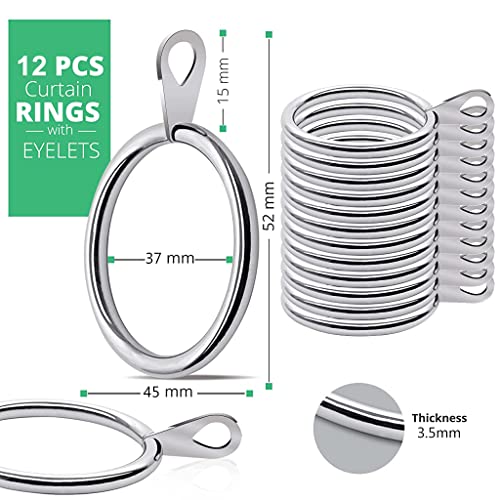 Image of HASTHIP Metal Curtain Rings 12PCS, 37mm ID, Rust-Resistant, Silver | Easy Hanging, Smooth Glide, Resists Rust, Metal Construction, Eyelet Hooks, Large Inner Diameter, Support Available
