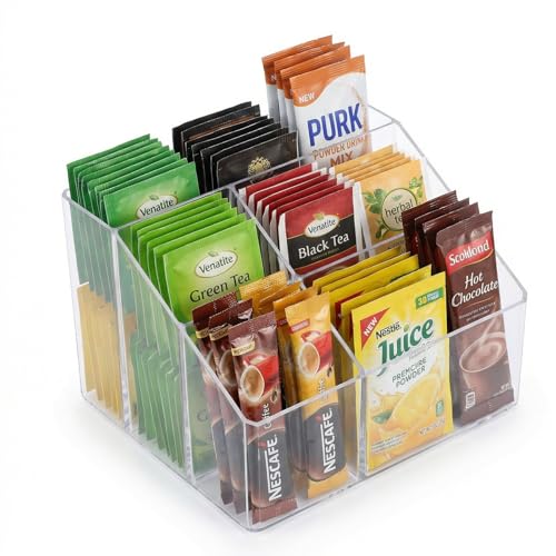 Punorric Tea Bag Organiser - Durable PET Plastic Storage for Tea Bags & Coffee Pods, 5-Compartment Transparent Tilt Design for Kitchen Counters