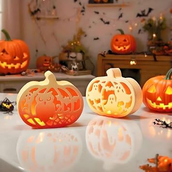Halloween Pumpkin Lamp Molds Set 3-Piece Resin and Plaster Molds for DIY Pumpkin Light Tabletop Decorations with Owl, Ghost, Bat, Haunted House Designs for Halloween Craft Projects