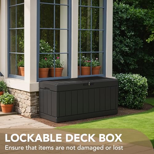 Image of Devoko 85 Gallon Deck Box Lockable Resin Outdoor Storage Box waterproof Outdoor Container for Patio Furniture Cushions, Pillow (Black)