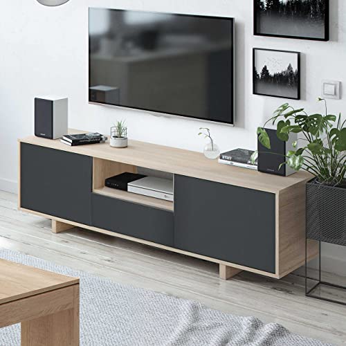 Modulo-TV-Mueble-de-Salon-Juego-de-Muebles-Modelo-Zaira-Acabado-en-Roble-Canadian-y-Gris-Antracita-Medidas-150-cm-Ancho-x-46-cm-Alto-41-cm-Fondo