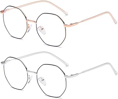 Amazon.com: Konikit Paquete de 2 anteojos con bloqueo de luz azul,  hexagonales, anti rayos azules, marco de metal hipster (oro rosa y  plateado) : Salud y Hogar