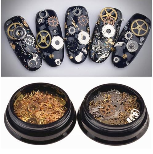 XINGZI 2Box (200-300PCS) Mixed Pattern Ultra-thin 3D Metal Steampunk Gears Charms DIY Pendant Clock Watch Wheel Gear Nail Studs Nail Art Decorations Alloy Manicure DIY Nail Tips Accessories