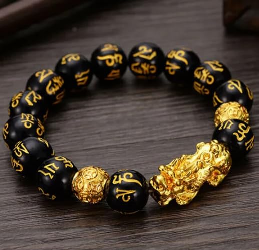 Galaxy GemsGalaxy Gems Genuine Pixiu Feng Shui Crystal Bracelet, Black Obsidian, Original Certified, Round Bead, Stylish, Unisex, Classic