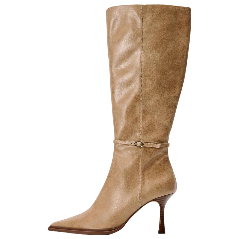 YIYA Womens Kitten Heels Knee High Boots with Buckle Wide Calf Sexy Pointed Toe Stiletto High Heels Side