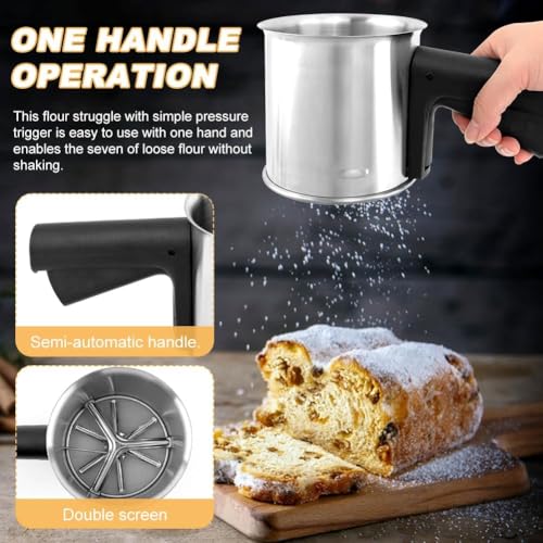 Image of Flour Sifter for Baking 3 Cup, Premium Stainless Steel Fine Mesh Sieve, Hand Press Squeeze Sifter with Comfortable Handle for Flour & Powdered Sugar, Ideal for Cake, Pastry, Bread & Dessert Baking