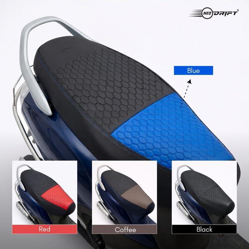 Image of Neodrift Premium Scooty Seat Cover - Suzuki E Access | Blue+Black | Anti-Slip & Shock-Absorbing Design | Water-Resistant Fit | Strip Cushioning | Professional Fit | Nappa Art Leather